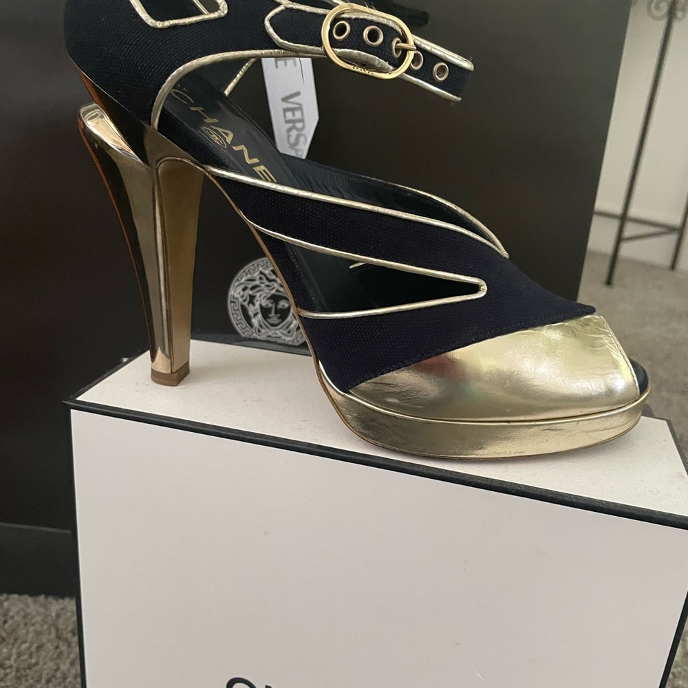"Navy Canvas Chanel Pumps with Gold Heel - Authentic Luxury on Poshmark" - Picture 2 of 11